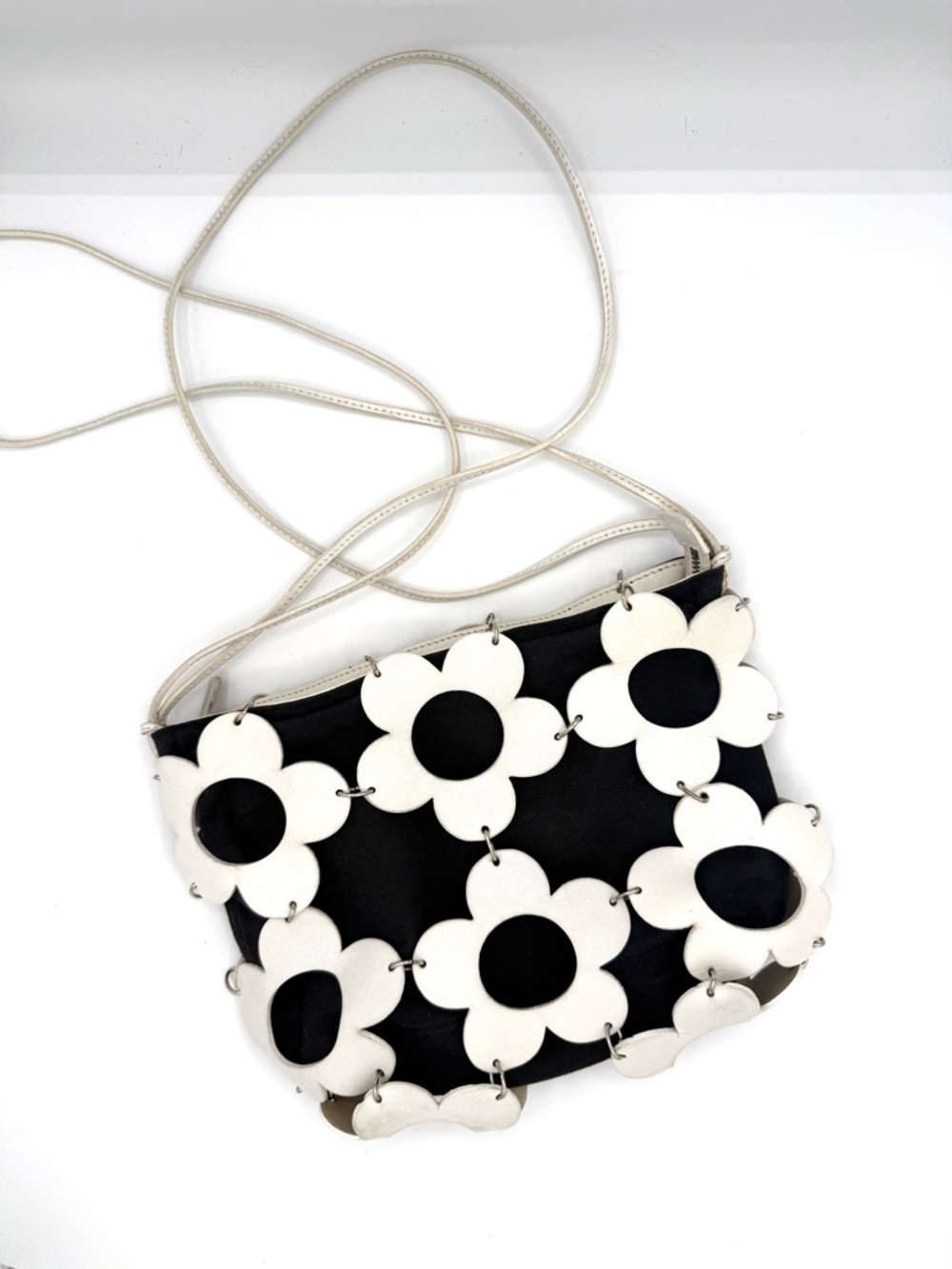 Celine White and Black Floral Applique Shoulder Bag